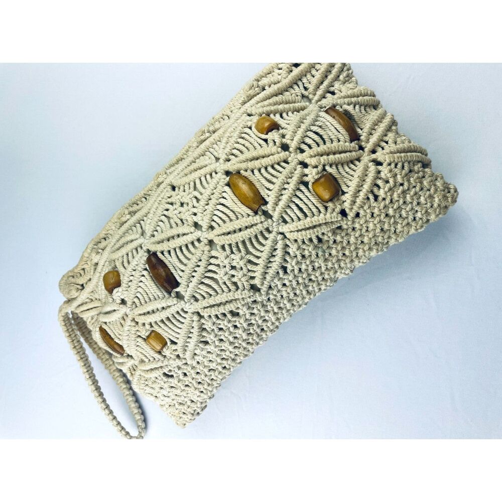 ~ Boho Macrame Wristlet Bag Clutch Purse Festival Cream Wood Beads Handbag - Picture 8 of 13